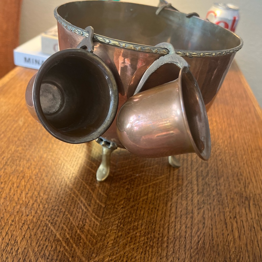 Small Copper Footed Cauldron Pot with Hanging Demitasse Cups Unusual! - Picture 2 of 7